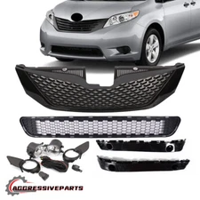 Fit Toyota Sienna 2011-2017 Front Grille Black & Fog Lights & Brackets Set 8pcs