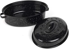 16 Inch Roasting Pan with Lid - Covered Oval Roaster - Enamel Carbon Steel Roast