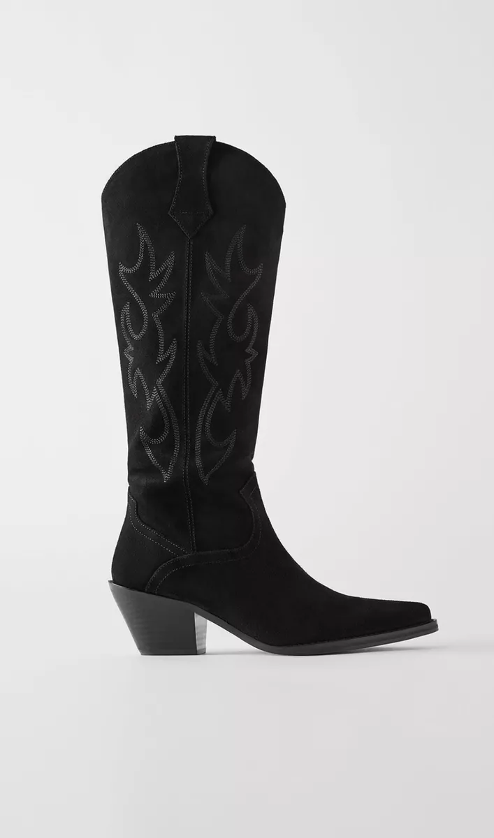 Zara - Knee High Mixed Suede Cowboy Boots - Black - Women