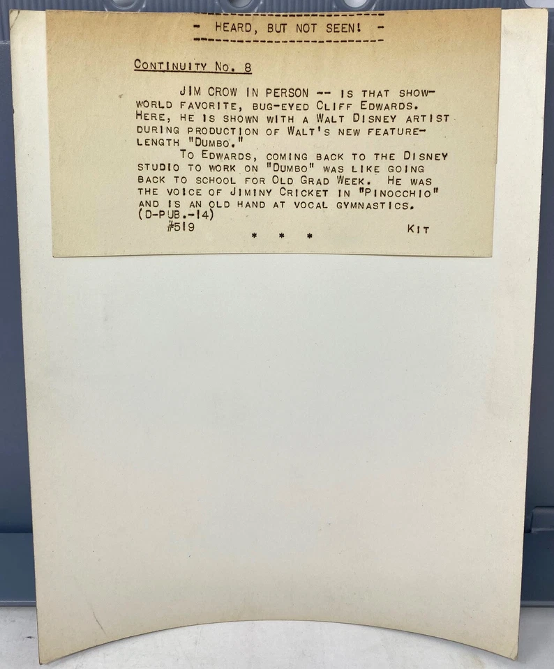 1941 Слон Дамбо Анимационный Мультфильм Walt Disney Пресс-кит Фото Клифф Эдвардс - Изображение 3 из 3