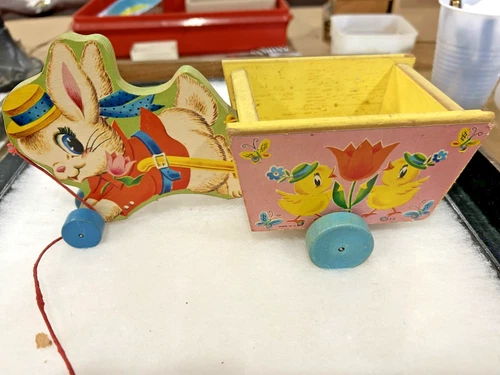 Vintage Fisher Price #312 Running Bunny Cart Pull Toy