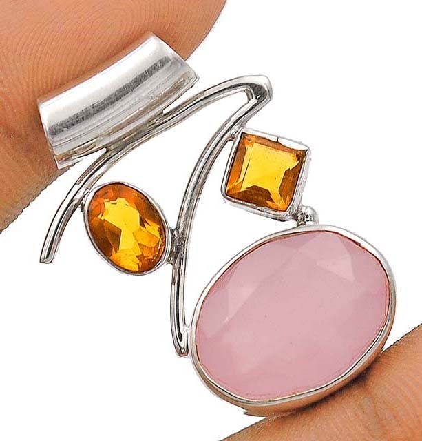 Natural Faceted Rose Quartz Madagascar 925 Sterling Silver Pendant Jewelry