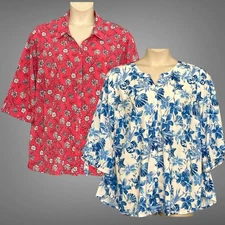 Lot of 2 Catherines Womens Top Plus 1X Blue Pink Floral Beachy Classic Casual