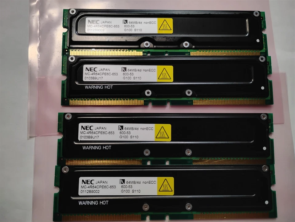 Kit NEC 256MB 4x64MB RDRAM RIMM PC600 MC-4R64CPE6C-653 600-53 RAM sin ECC como está Foto 1 de 4