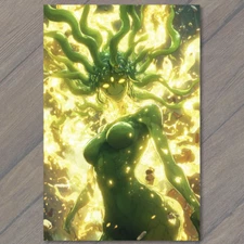 Art Print Glowing Green Girl Yellow Flames Fiery Power Mythical Medusa Snakes