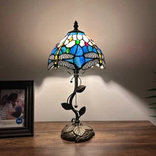Tiffany Style Table Lamp Blue Stained Glass Dragonfly LED Bulb 8"W*8"D*16"H