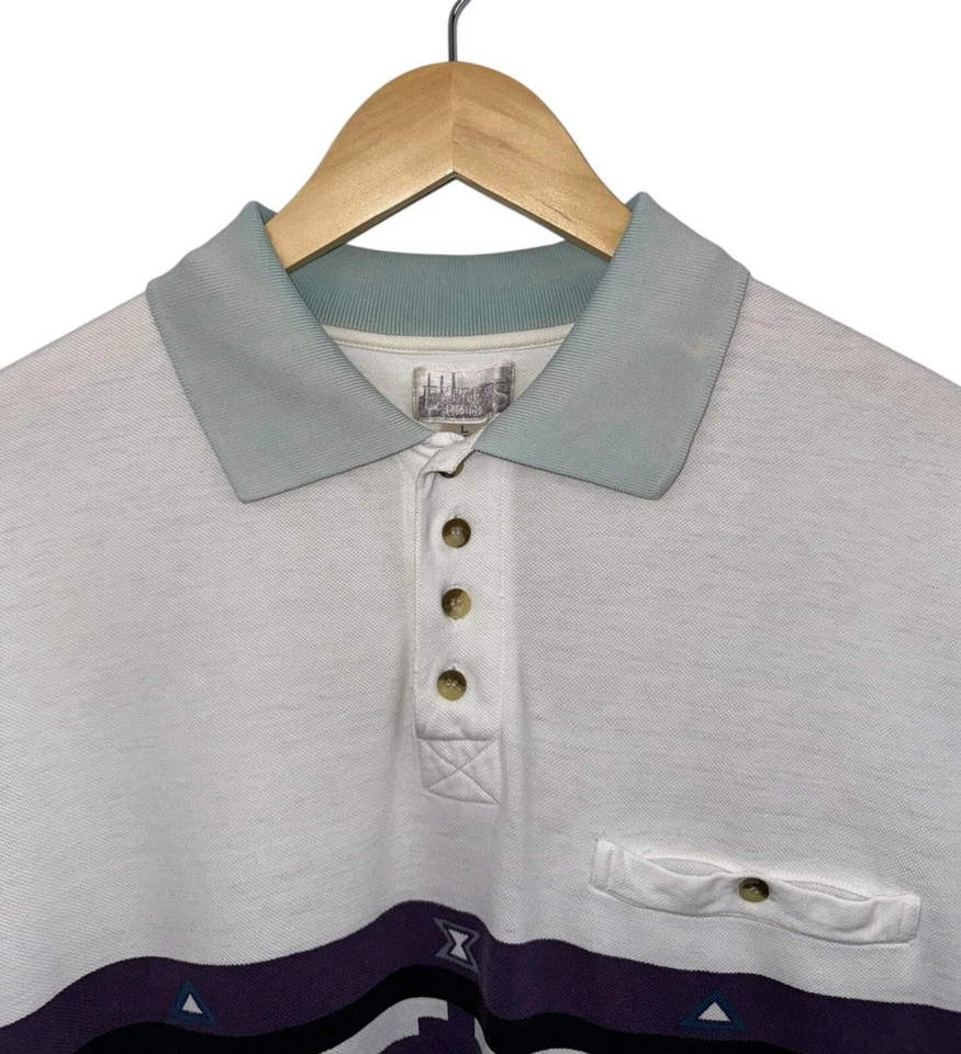 Camisa Polo Vintage Express Riders Blanca Azteca Occidental Tribal Suroeste Talla L Foto 3 de 4
