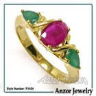 18k Solid Yellow Gold Three-Stone Emerald and Ruby Mother's Ring 4 to 9 #R1454