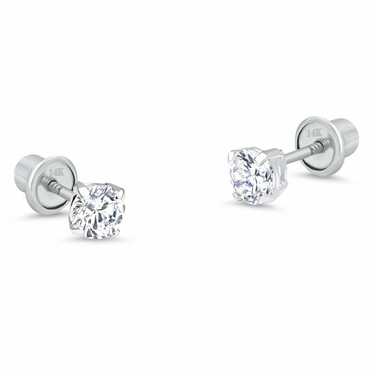 Genuine Natural Diamond Stud Screw Back Earrings in 14k Solid White Gold
