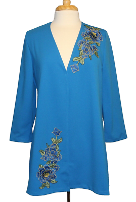 New HSN Slinky Brand Vivid Blue Floral Luxe Crepe Duster Sz Small