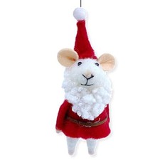 White Mouse Ornament in Santa Costume - Wool Decoration for Christmas Tree
