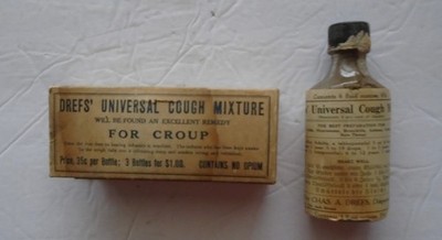 Antique Drefs'' Universal Cough Mixture Bottle With Box Remedy For Croup No Opium