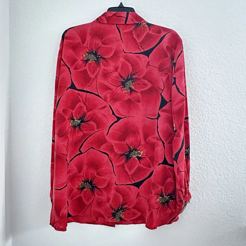 Blusa floral vintage años 80 para mujer talla L/XL? Rojo Negro 100% Seda Amapola Suave Hada Chic Foto 4 de 4