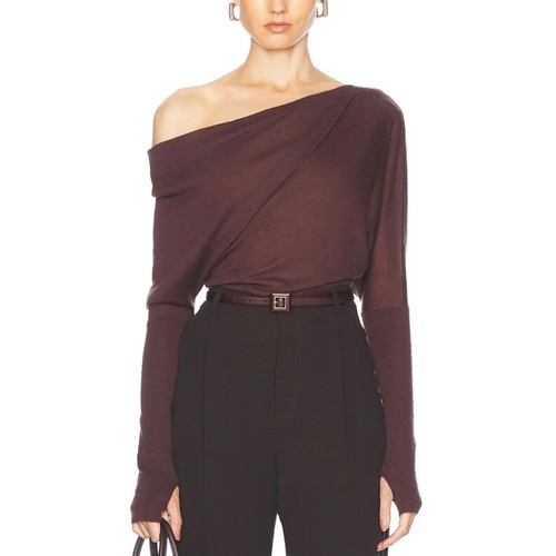 ENZA COSTA Tissue Cashmere Slouch Sweater Women Small Brown Asymmetric Shoulder - Picture 16 of 19