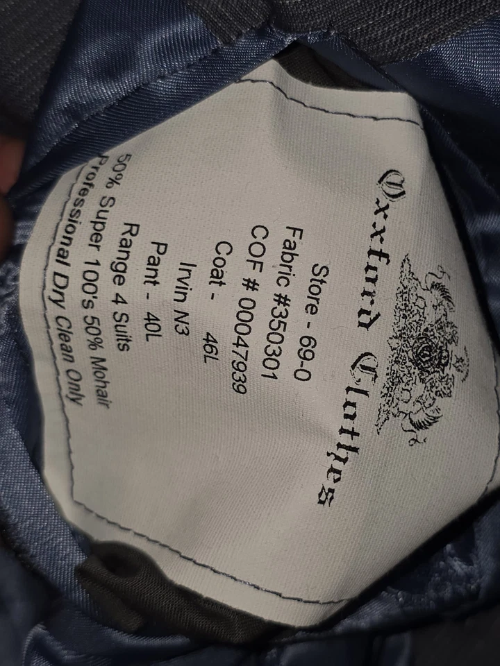 Traje OXXFORD ROPA Para Hombre 46L 40x30 Azul Super 110's Lana y Mohair *Defectos* Foto 3 de 4