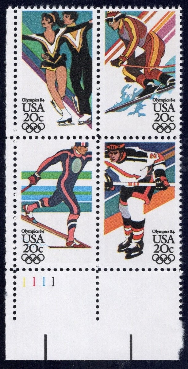 スコット　新品。　ストック US Stamp Scott #2070a, 20c, Winter Olympics, Plate Block, OG, MNH