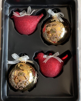 Cardinal Ornaments Rauch brand Glitter red birds and gold glitter balls