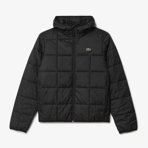 size 46 S Lacoste Puffer Jacket Black Water Repellent Full Zip Quilted Hooded