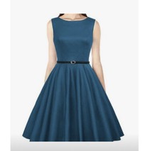New GRACE KARIN Boatneck Sleeveless Tea Dress with Belt - Teal - XL
