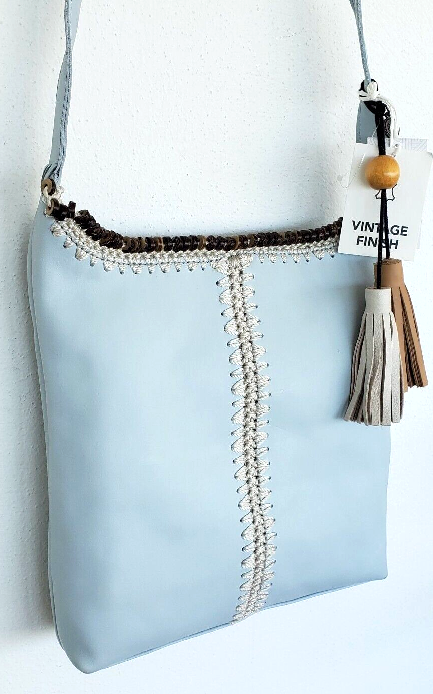 The Sak Huntley Artisanal Leather Soft Blue Crochet Trim Crossbody Bag