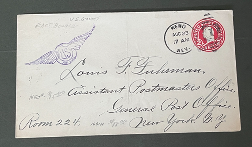 1923 RENO NEVADA US GOVERNMENT FLIGHT AIR MAIL ! TO NY POSTMASTER L@@K !