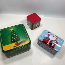 Three 3 Merry Christmas Holiday Collectible Gift Tins Square Santa Claus Trees