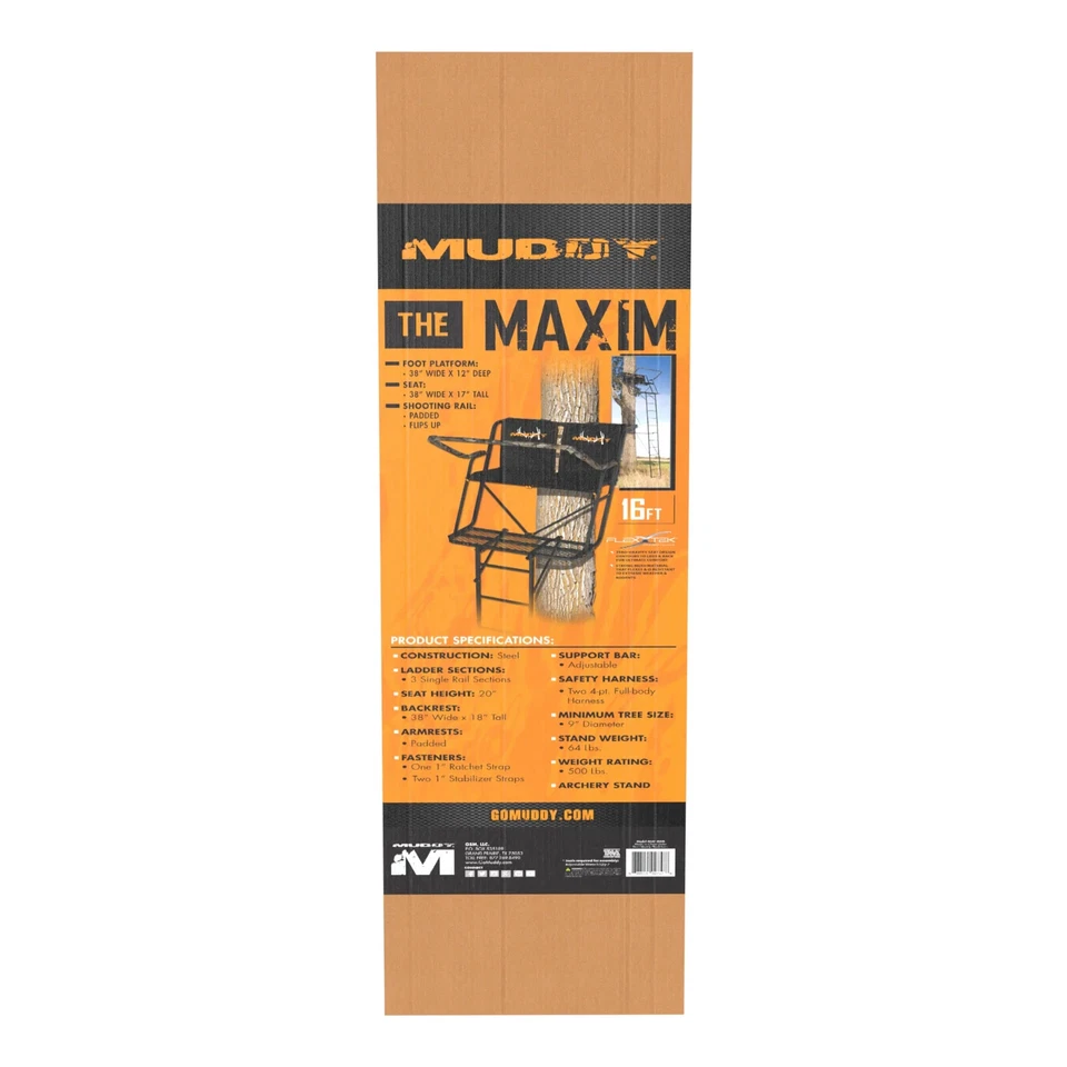 Soporte de escalera de caza Muddy Maxim 16' para 2 hombres | Asiento Flex-Tek y riel de tiro Foto 2 de 4