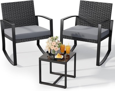 Qsun 3 Pieces Patio Furniture Set Rocking Bistro Set Outdoor Rattan Conversation