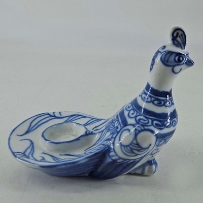 Vintage blue white ceramic peacock bird shaped votive candle holder