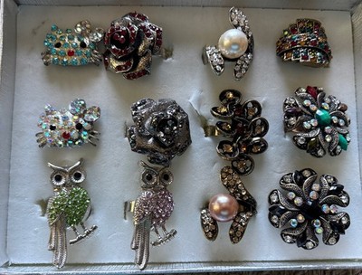 Big Bold Bling Rhinestone Flower, Owl, Cat Mixed Adjustable 12 Rings