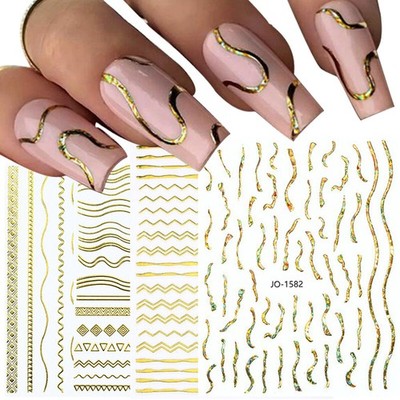 3D Nail Stickers Gold Laser Silver Leaves Wave Line Nails Decal French Manicure 