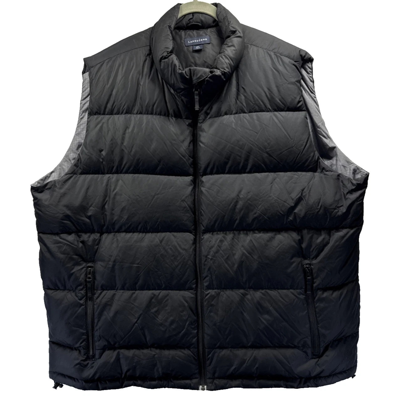 Lands End Men's Puffer Vest XXL 50 52 Solid Black Quilted Inside Outside Pockets
