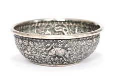 Sterling Silver Asian Ornate Floral Round Bowl Chased Animal