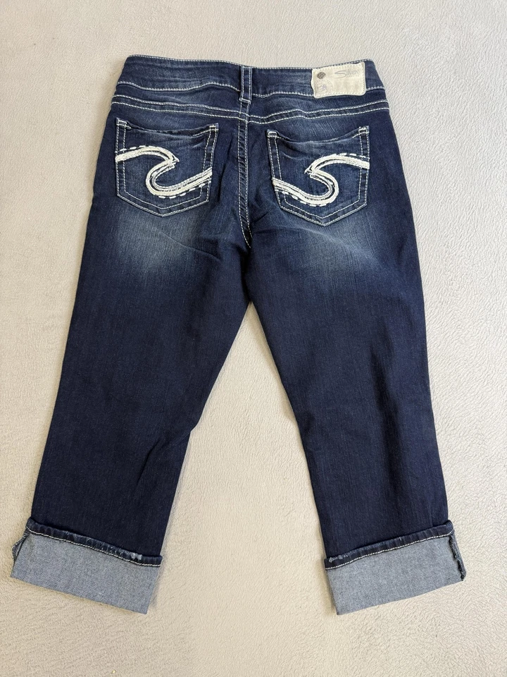 Pantalones de mezclilla plateados Suki Capri para mujer 29 bolsillos bordados elásticos Foto 2 de 4