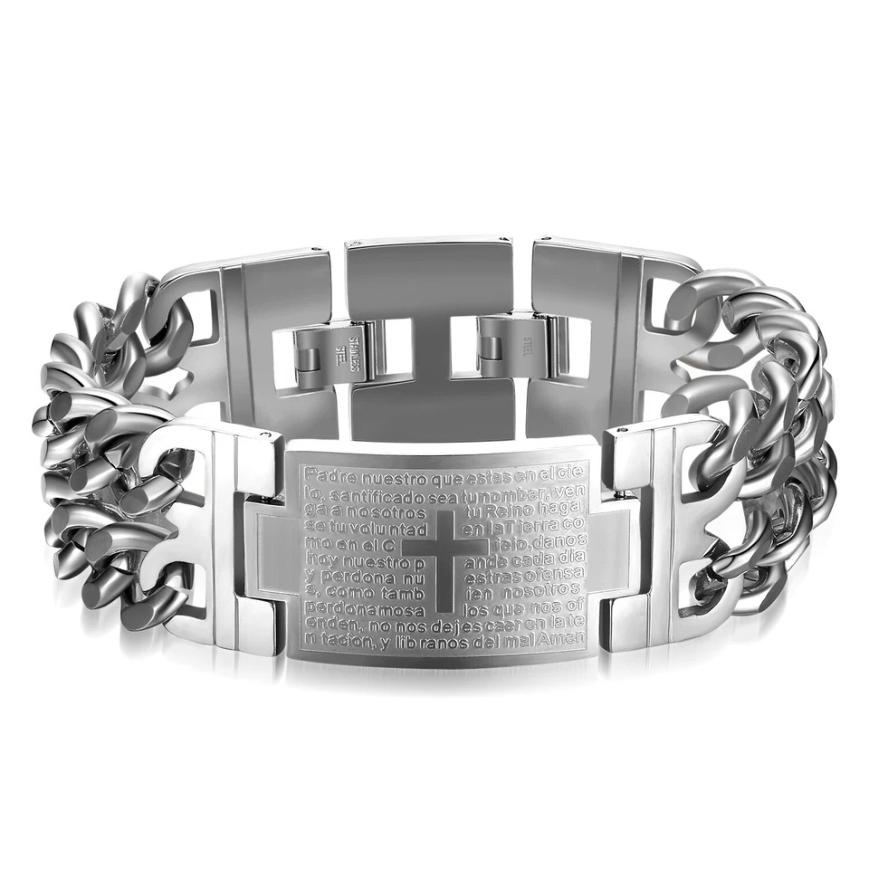 Pulsera de acero inoxidable para hombre de Navidad Cruz Biblia española señores oración eslabón muñeca Foto 4 de 4