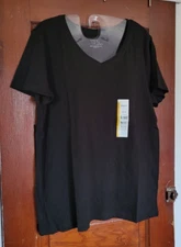 NWT TIME AND TRU Women's L 12/14 Black 100% Cotton Short Sleeve V Neck Shirt