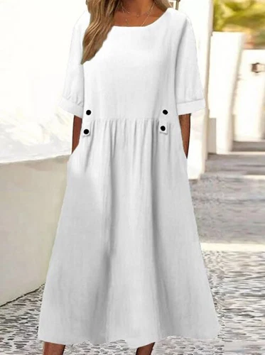 2023 kurzärmeliges Damenkleid aus Baumwolle Leinen Sommerkleider Midi Maxi Boho Freizeitkleid - Bild 9 von 18