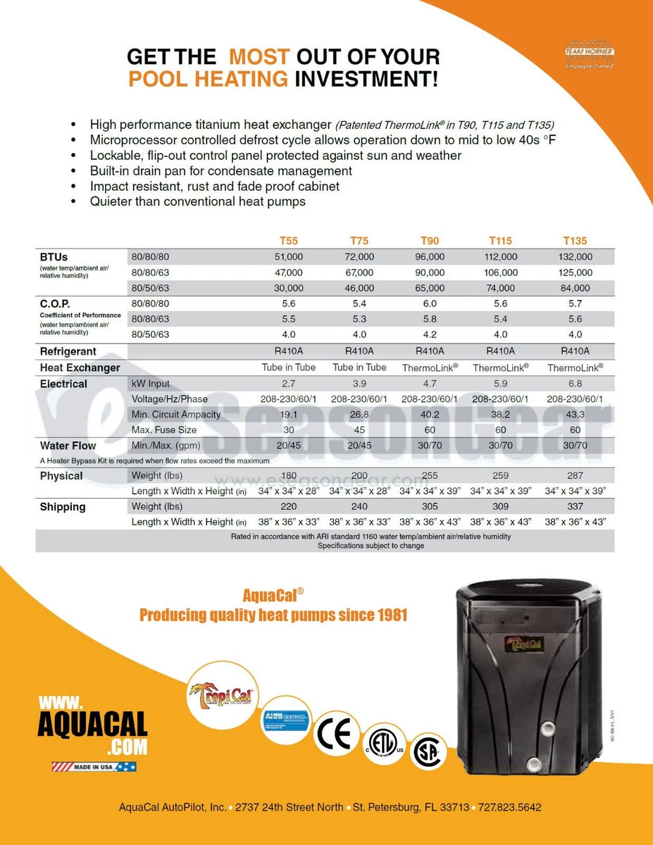 AquaCal T135 Heat Pump 132,000 BTU, New 2023 TropiCal Swimming Pool u0026amp;  Spa Heater | eBay