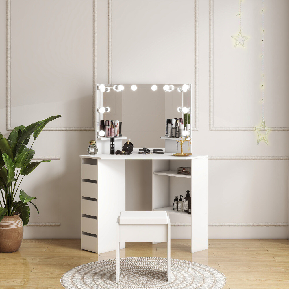 Panana Corner Dressing Table with LED Light, Vanity Table with 5 Drawers and Stool, Makeup Table for Home Furnature (White-Bulb) 29 Corner Dressing Table with LED Light, Vanity Table with 5 Drawers and Stool