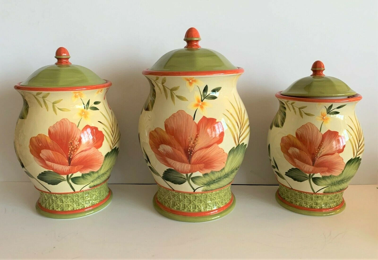 Set Of 3 Ceramic Canisters Floral Design Flour Sugar Tea Cookies Containers