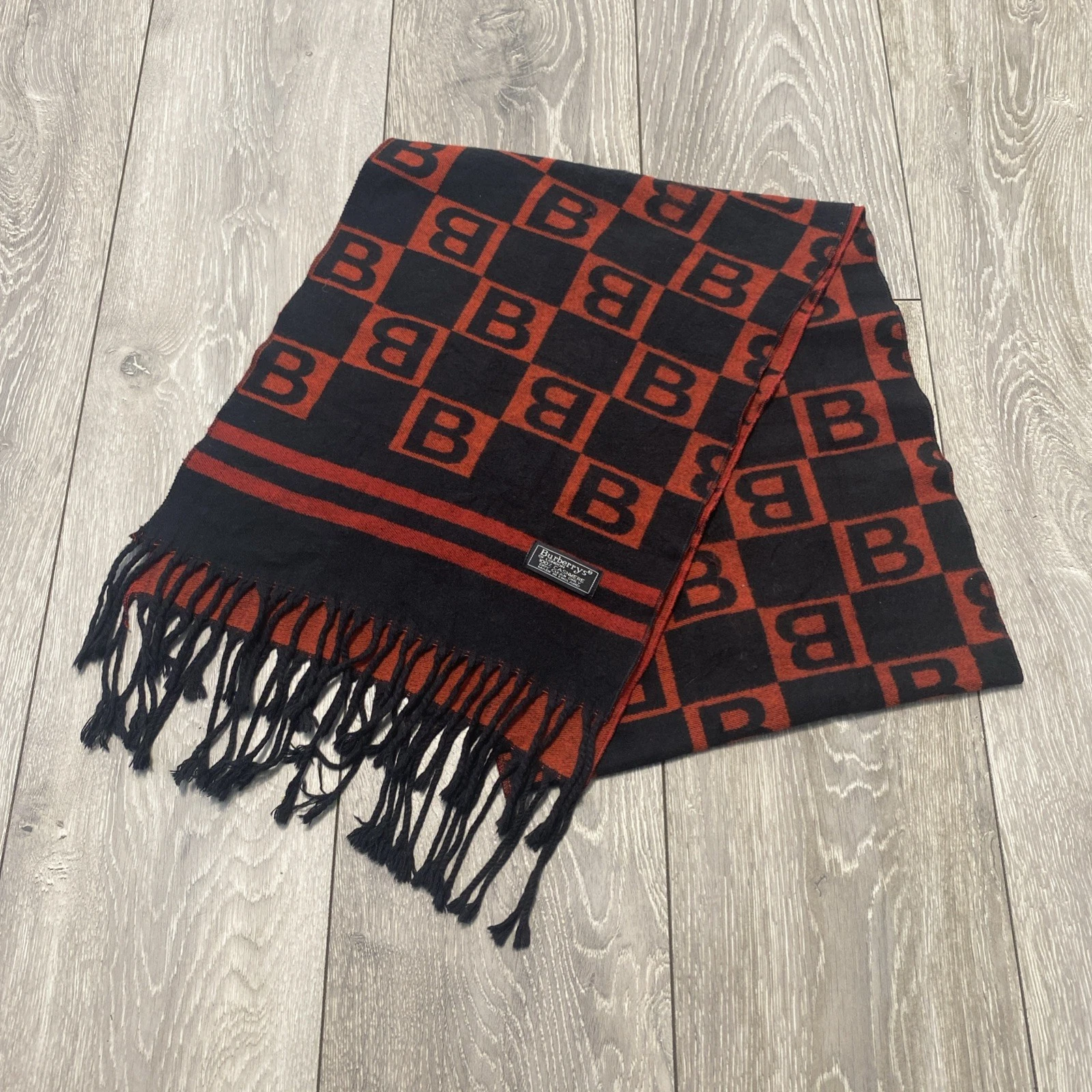Vintage Burberry 100% Cashmere Wool Scarf, Red & Black B monogram