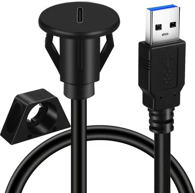BATIGE Small USB 3.0 Male to Type C Female Car Flush Mount Cable Black - Image 1 of 4