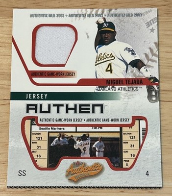 2003 Fleer Authentix Miguel Tejada Game Used Worn Jersey Oakland Athletics JA-MT