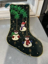 FESTIVE BLK VELVET GRN SEQUIN PALM TREES/WHT BEADED MULTI SEQUIN SNOWMEN STOCKNG