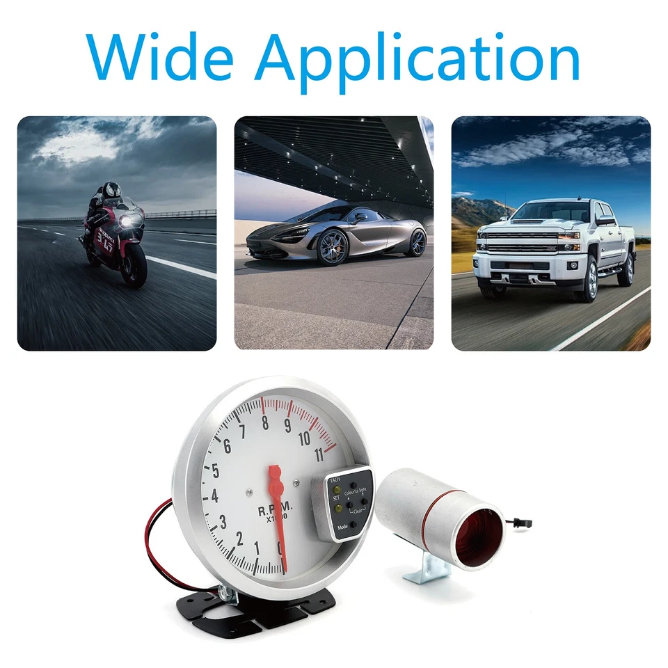 1Pcs Car Meter Tachometer Gauges 0-11000RPM Analogs White Case 7 Color LED Light - Image 4 of 4