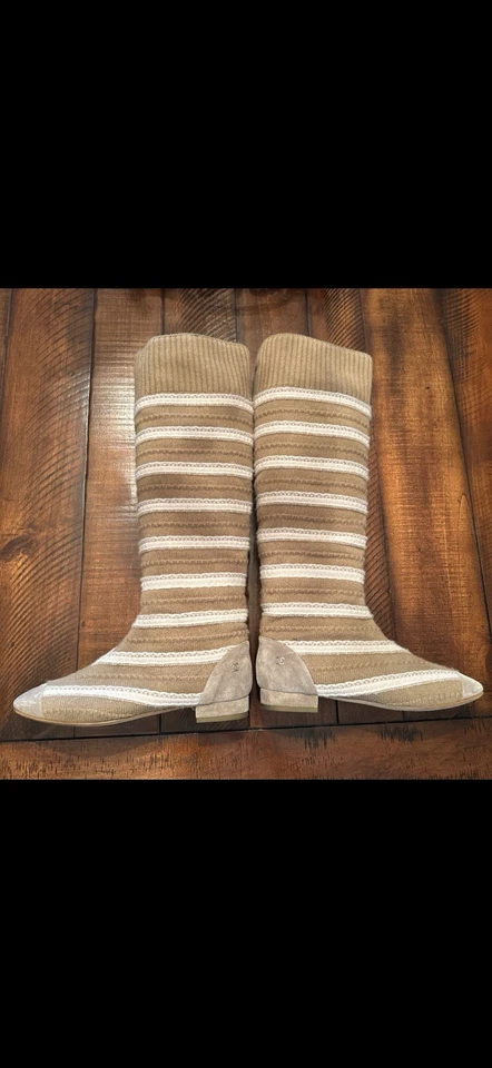Authentic CHANEL Knit Tall Boots Beige/Cream Stripe Size 38 with Dust Bags - Image 3 of 4