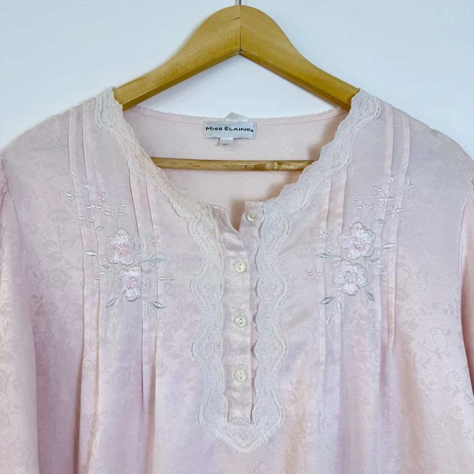 Miss Elaine Floral Embroidered Long Nightgown Size XL Pale Pink Lace Trim - Image 4 of 4