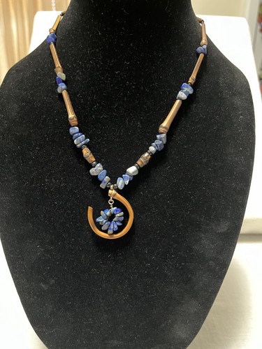 Sodalite chips bamboo branch tubes island style open circle pendant necklace