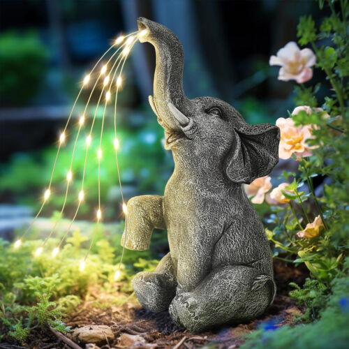 Outdoor Statue Garden Decor Elephant Watering LED Lights Solar Powered Figurine