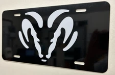 Black Aluminum License Plate Tag White Dodge Ram Head inspired Logo